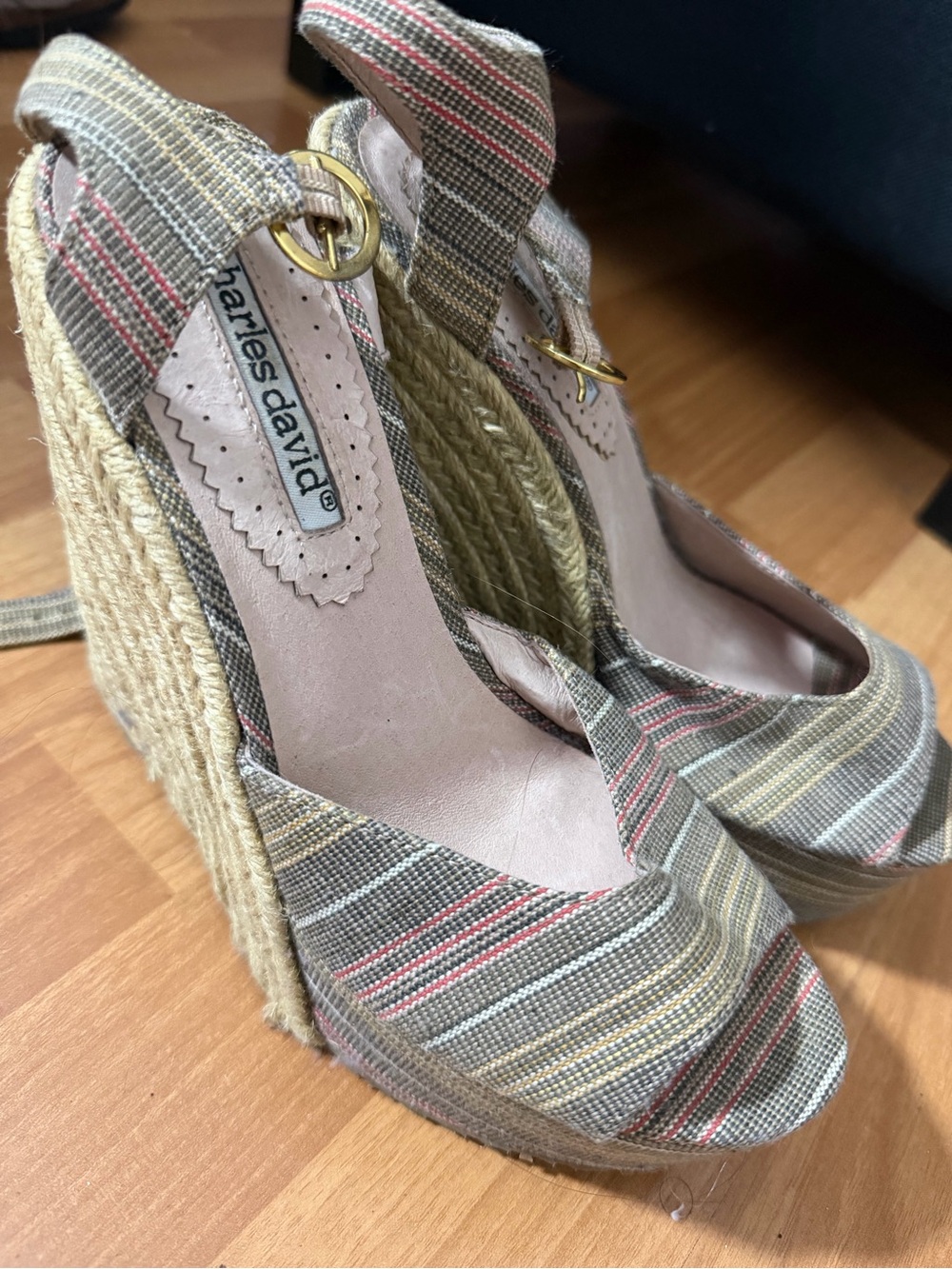 Charles David Striped Espadrille Wedge Sandals in Taupe and Pink